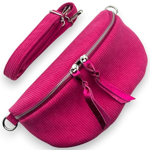 Cord Bauchtasche Damen mittel groß mit Doppel-Zipper Reißverschluss (Fuchsia) von Ziona