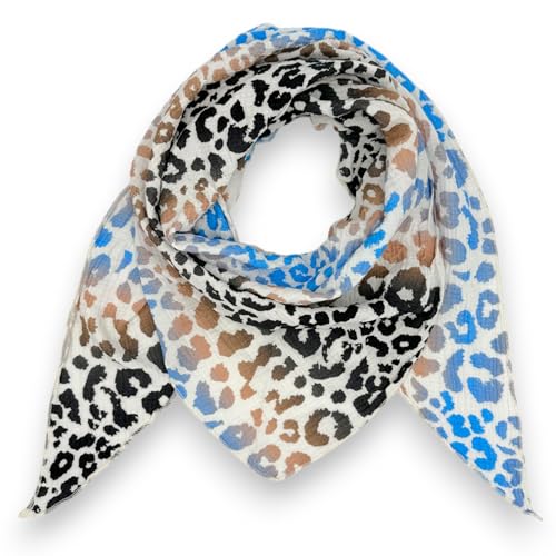Damen Musselin Tuch Frühling Sommer Leicht Leo Mehrfarbig Bunt Dreieck Halstuch Leoprint Schal Baumwolle Leopard Animal Made in Italy 195 x 72 cm (Blau-Braun) von Ziona