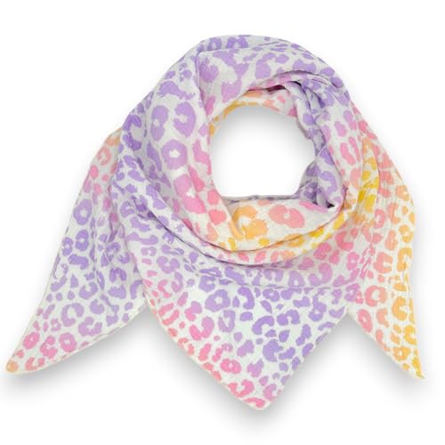 Damen Musselin Tuch Frühling Sommer Leicht Leo Mehrfarbig Bunt Dreieck Halstuch Leoprint Schal Baumwolle Leopard Animal Made in Italy 195 x 72 cm (Lila-Pink) von Ziona