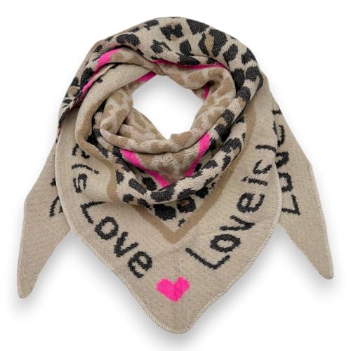 Damenschal Winter Dreiecksschal weich XXL Winterschal 180 x 70 cm Leo Herz Print (Beige-Schwarz (Love)) von Ziona