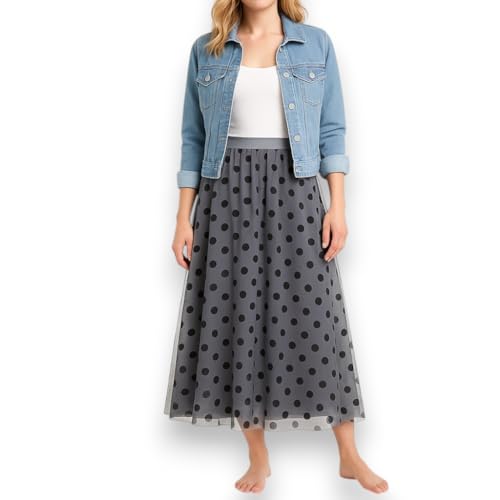 Langer Tüllrock Damen eleganter luftiger Maxirock in A-Linie mit Unterrock - Damenrock für den Sommer (DE/NL/SE/PL, Alphanumerisch, Einheitsgröße, Regular, Regular, Anthrazit) von Ziona