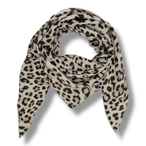 Ziona Musselin Tuch Damen Leo Dreieck Frühling Sommer Halstuch Leicht Leoprint Schal Baumwolle Leopardenmuster Made in Italy 195x72cm (Beigeschwarz-Braun) von Ziona