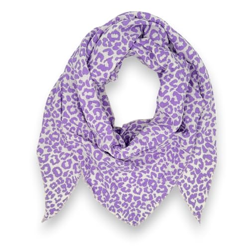 Ziona Musselin Tuch Damen Leo Dreieck Frühling Sommer Halstuch Leicht Leoprint Schal Baumwolle Leopardenmuster Made in Italy 195x72cm (Weiß-Lila) von Ziona