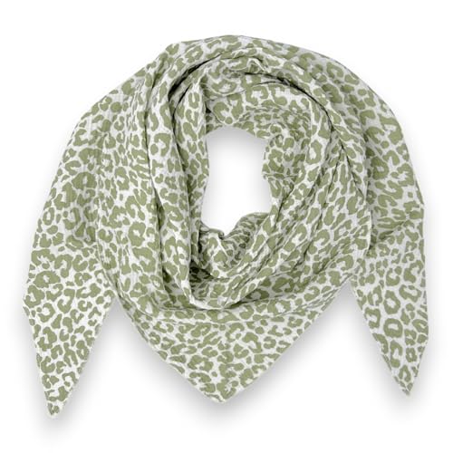 Ziona Musselin Tuch Damen Leo Dreieck Made Italy 195 x 72 cm Herbst Winter Halstuch leoprint Schal Baumwolle (Weiß-Grün) von Ziona