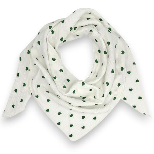 Musselin Tuch mit Herzen Dreieck Damen Halstuch Herzmuster Made in Italy 195x72cm Frühling Sommer Weich Leicht kuscheliger Baumwolle Schal (Grün) von Ziona