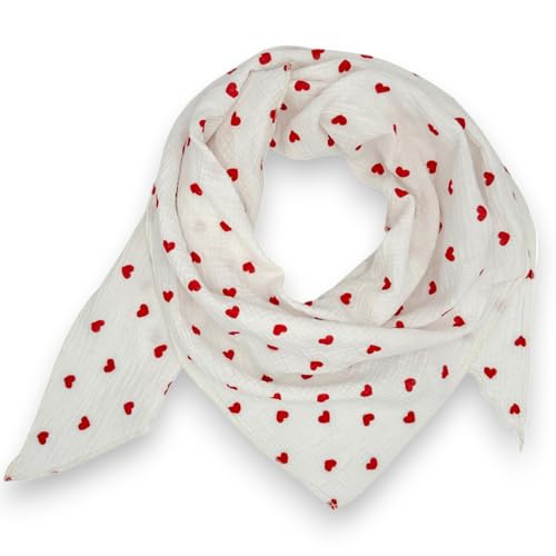 Musselin Tuch mit Herzen Dreieck Damen Halstuch Herzmuster Made in Italy 195x72cm Frühling Sommer Weich Leicht kuscheliger Baumwolle Schal (Rot) von Ziona