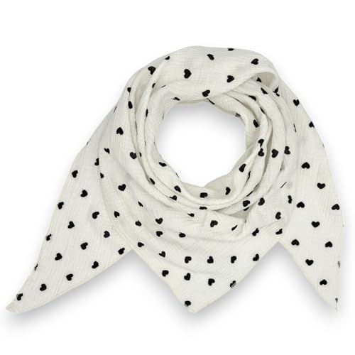 Musselin Tuch mit Herzen Dreieck Damen Halstuch Herzmuster Made in Italy 195x72cm Frühling Sommer Weich Leicht kuscheliger Baumwolle Schal (Schwarz) von Ziona