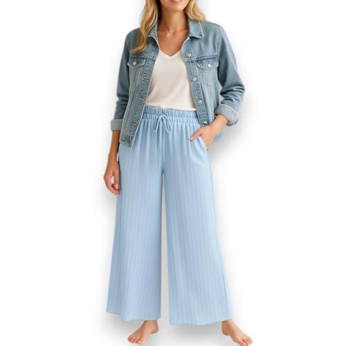 Plissee Hose Damen Gelb – Sommerhose mit weitem Bein & Gummibund – Luftige Strandhose mit Unterhose – Einheitsgröße S-XL (DE/NL/SE/PL, Alphanumerisch, Einheitsgröße, Regular, Regular, 1, Hellblau) von Ziona