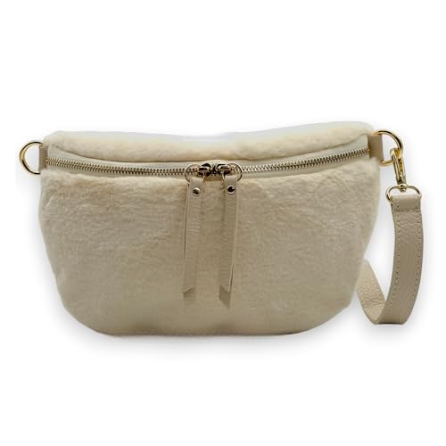 Plüsch Bauchtasche Damen Teddyfell Crossbody Bag Hüfttasche Gürteltasche Schultertasche Goldene Karabiner (Creme) von Ziona