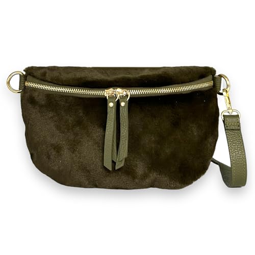 Plüsch Bauchtasche Damen Teddyfell Crossbody Bag Hüfttasche Gürteltasche Schultertasche Goldene Karabiner (Grün) von Ziona