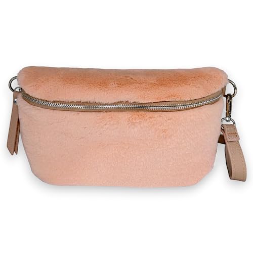 Plüsch Bauchtasche Damen Teddyfell Crossbody Bag Hüfttasche Gürteltasche Schultertasche Silberne Karabiner (Rosa) von Ziona