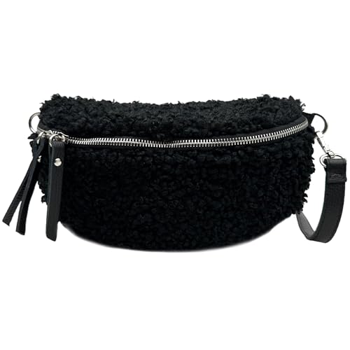 Teddyfell Bauchtasche Damen Plüsch Tasche Teddyplüsch Gürteltasche Crossbody Bag Winter Umhängetasche Hüfttasche (Schwarz) von Ziona