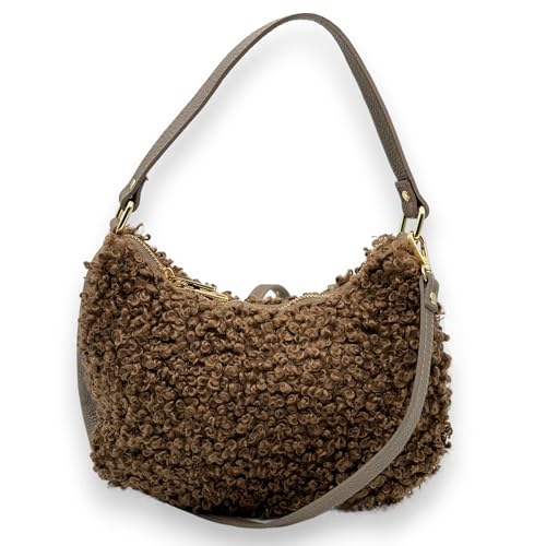 Teddyfell Schultertasche Halbmond Crossbody bag Plüsch Handtasche Damen Fell Umhängetasche mit goldene Akzente und Reisverschluss Zipper (Taupe) von Ziona