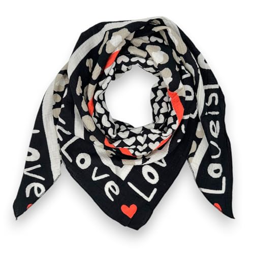 Tuch Damen Frühling Baumwolle Musselin Made Italy Halstuch Herz Love Schal Sommer Dreieckstuch (Schwarz) von Ziona