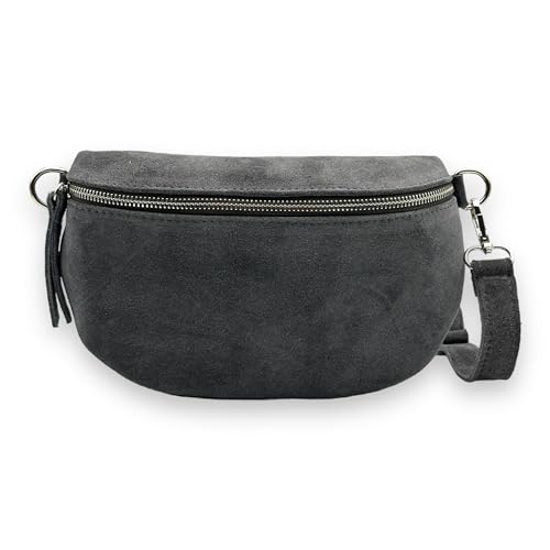 Wildleder Bauchtasche Damen Crossbody Bag Velours Gürteltasche Hüfttasche Bodybag Schultertasche Silberner Reißverschluss (Anthrazit) von Ziona