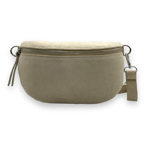 Wildleder Bauchtasche Damen Crossbody Bag Velours Gürteltasche Hüfttasche Bodybag Schultertasche Silberner Reißverschluss (Beige) von Ziona