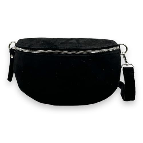 Wildleder Bauchtasche Damen Crossbody Bag Velours Gürteltasche Hüfttasche Bodybag Schultertasche Silberner Reißverschluss (Schwarz) von Ziona