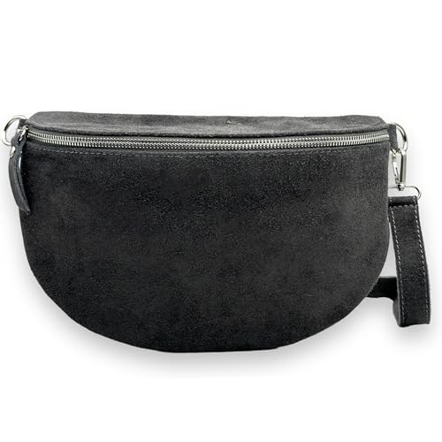 Wildleder Bauchtasche Damen XL Crossbody Bag Velours Gürteltasche Hüfttasche Bodybag Schultertasche Silberner Reißverschluss (Anthrazit) von Ziona