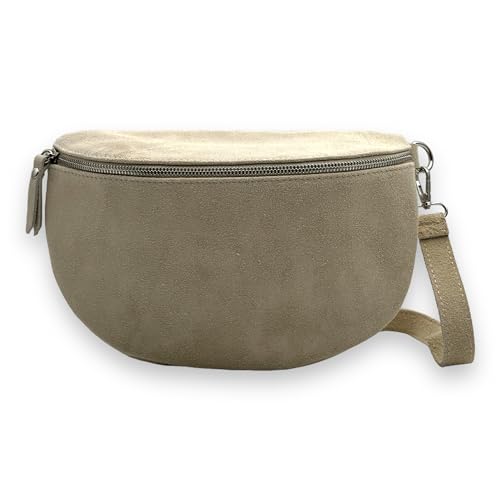 Wildleder Bauchtasche Damen XL Crossbody Bag Velours Gürteltasche Hüfttasche Bodybag Schultertasche Silberner Reißverschluss (Beige) von Ziona