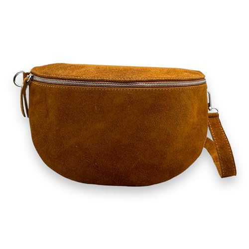Wildleder Bauchtasche Damen XL Crossbody Bag Velours Gürteltasche Hüfttasche Bodybag Schultertasche Silberner Reißverschluss (Cognac) von Ziona