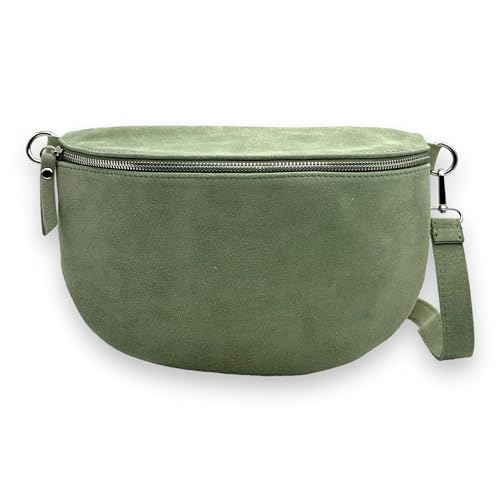 Wildleder Bauchtasche Damen XL Crossbody Bag Velours Gürteltasche Hüfttasche Bodybag Schultertasche Silberner Reißverschluss (Mintgrün) von Ziona