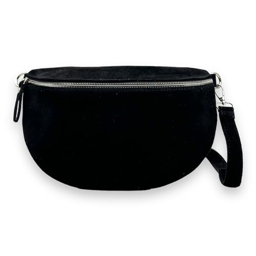 Wildleder Bauchtasche Damen XL Crossbody Bag Velours Gürteltasche Hüfttasche Bodybag Schultertasche Silberner Reißverschluss (Schwarz) von Ziona