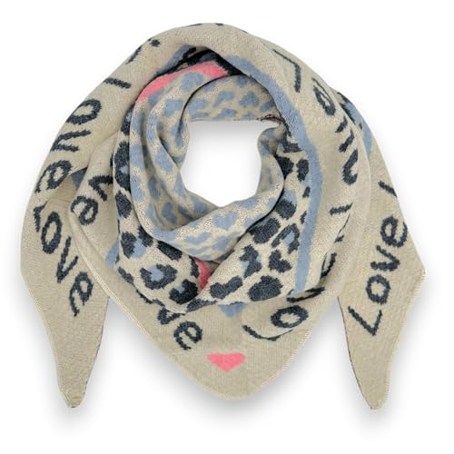 Ziona Damenschal Winter Dreiecksschal weich XXL Winterschal 180 x 70 cm Leo Herz Print (Beige-Blau (Love)) von Ziona
