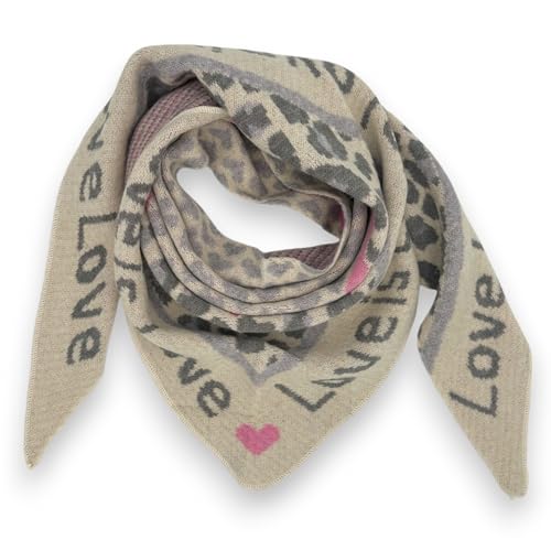Ziona Damenschal Winter Dreiecksschal weich XXL Winterschal 180 x 70 cm Leo Herz Print (Beige-Grau (Love)) von Ziona