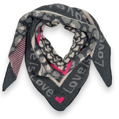 Ziona Damenschal Winter Dreiecksschal weich XXL Winterschal 180 x 70 cm Leo Herz Print (Schwarz-Grau (Love)) von Ziona