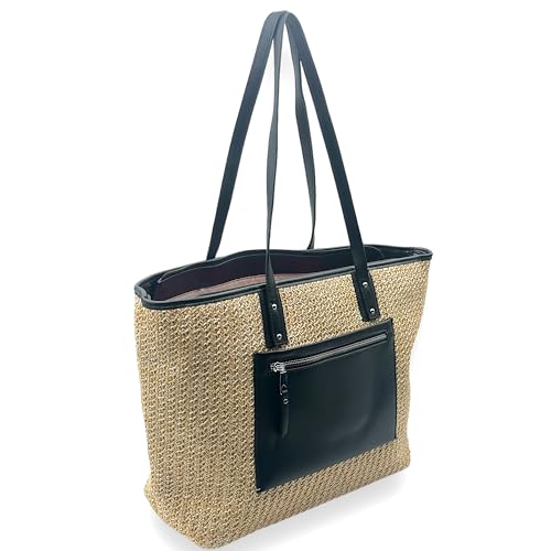 Ziona Geflochtene Tasche, Handtasche Damen Groß Sommertasche Shopper Schultertasche PU Leder-Anteil mit silbernem Reißverschluss von Ziona