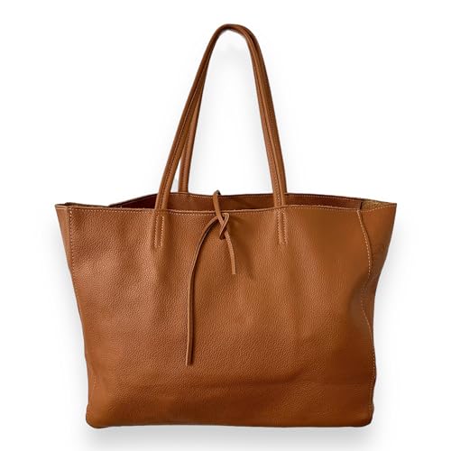 Ziona Leder Schultertasche Damen Echtleder Shopper in Querformat Henkeltasche mit Innentasche und Reißverschluss 38x30cm (Braun) von Ziona