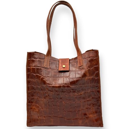 Ziona Lederhandtasche in Kroko-Optik für Damen Umhängetasche aus echtem Leder Handtasche Schultertasche Druckknopf Verschluss (Cognac) von Ziona