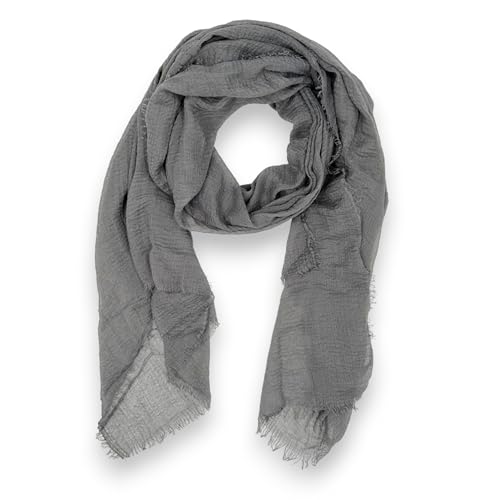 Ziona Leichtes Tuch Damen Sommer Schal dünn einfarbig Frühling Uni Halstuch Crinkle mit feinen Fransen (Dunkelgrau) von Ziona