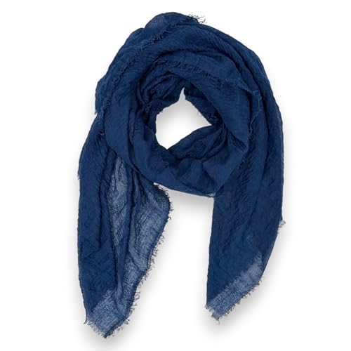Ziona Leichtes Tuch Damen Sommer Schal dünn einfarbig Frühling Uni Halstuch Crinkle mit feinen Fransen (Marineblau) von Ziona