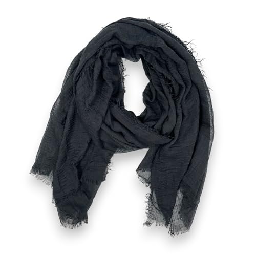 Ziona Leichtes Tuch Damen Sommer Schal dünn einfarbig Frühling Uni Halstuch Crinkle mit feinen Fransen (Schwarz) von Ziona