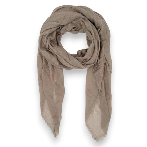 Ziona Leichtes Tuch Damen Sommer Schal dünn einfarbig Frühling Uni Halstuch Crinkle mit feinen Fransen (Taupe) von Ziona