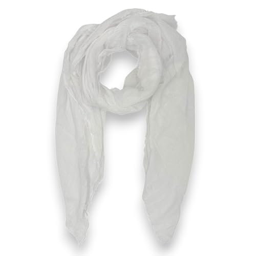 Ziona Leichtes Tuch Damen Sommer Schal dünn einfarbig Frühling Uni Halstuch Crinkle mit feinen Fransen (Weiß) von Ziona