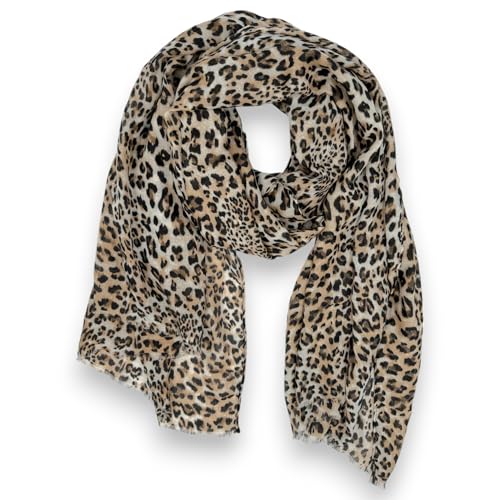 Ziona Leo Print Damen Tuch 178cm x 87cm Leopardenmuster Halstuch Frühling Schal (Beige-Braun-Schwarz) von Ziona