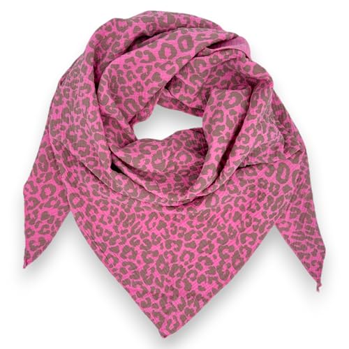Ziona Musselin Tuch Damen Leo Dreieck Made Italy 195 x 72 cm Herbst Winter Halstuch leoprint Schal Baumwolle (Pink-Grau-Beige) von Ziona