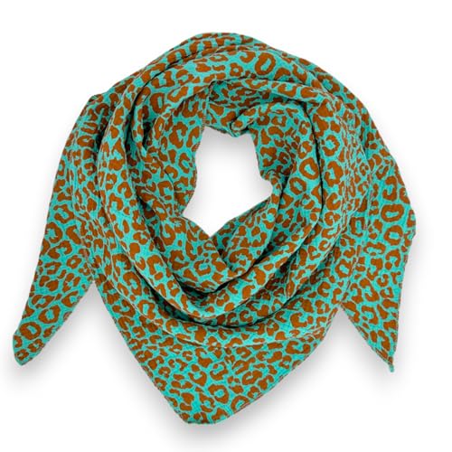 Ziona Musselin Tuch Damen Leo Dreieck Made Italy 195 x 72 cm Herbst Winter Halstuch leoprint Schal Baumwolle (Türkis-Cognac-Braun) von Ziona