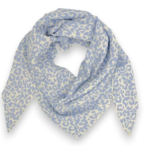 Ziona Musselin Tuch Damen Leo Dreieck Made Italy 195 x 72 cm Herbst Winter Halstuch leoprint Schal Baumwolle (Weiß-Hellblau) von Ziona