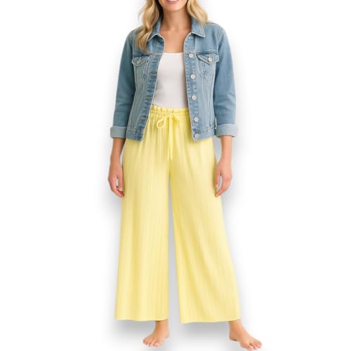 Ziona Plissee Hose Damen Gelb – Sommerhose mit weitem Bein & Gummibund – Luftige Strandhose mit Unterhose – Einheitsgröße S-XL (DE/NL/SE/PL, Alphanumerisch, Einheitsgröße, Regular, Regular, 1, Gelb) von Ziona