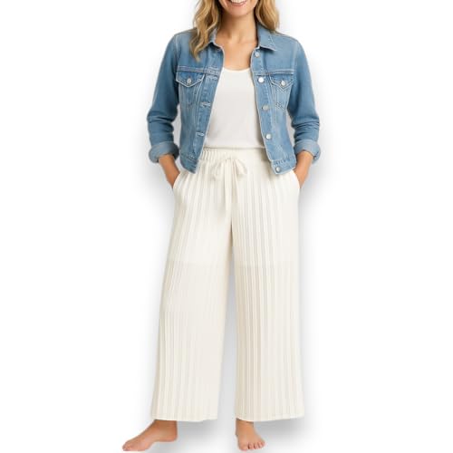 Ziona Plissee Hose Damen Gelb – Sommerhose mit weitem Bein & Gummibund – Luftige Strandhose mit Unterhose – Einheitsgröße S-XL (DE/NL/SE/PL, Alphanumerisch, Einheitsgröße, Regular, Regular, 1, Weiß) von Ziona