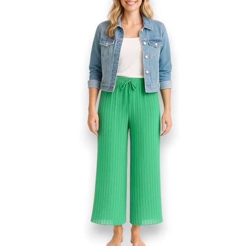 Ziona Plissee Hose Damen – Sommerhose mit weitem Bein & Gummibund – Luftige Freizeithose mit Unterhose (DE/NL/SE/PL, Alphanumerisch, Einheitsgröße, Regular, Regular, 1, Grün) von Ziona