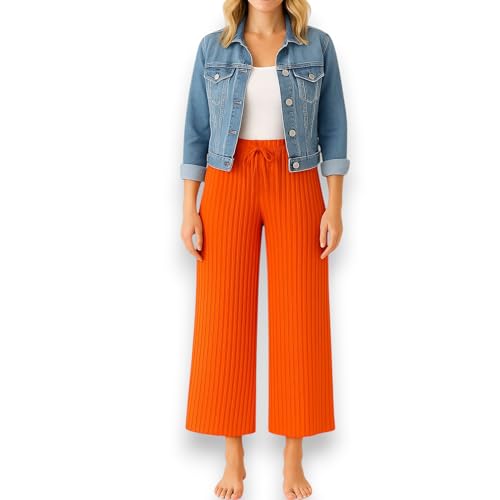 Ziona Plissee Hose Damen – Sommerhose mit weitem Bein & Gummibund – Luftige Freizeithose mit Unterhose – Einheitsgröße S-XL (DE/NL/SE/PL, Alphanumerisch, Einheitsgröße, Regular, Regular, 1, Orange) von Ziona