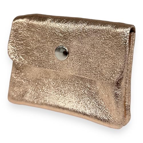 Ziona Portemonnaie Damen klein Leder mit Münzfach und Knopf Mini Geldbörse Brieftsche Geldbeutel Echtleder (Metallic-Rosegold) von Ziona