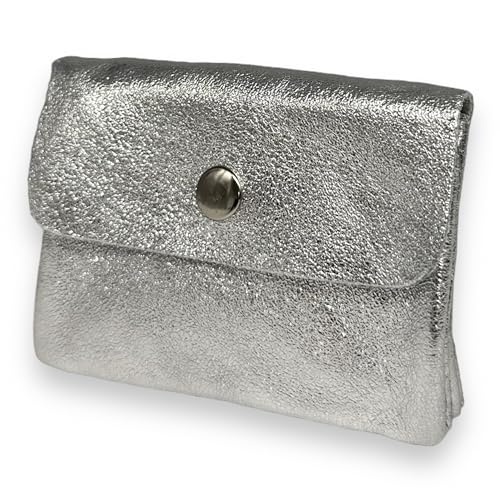 Ziona Portemonnaie Damen klein Leder mit Münzfach und Knopf Mini Geldbörse Brieftsche Geldbeutel Echtleder (Metallic-Silber) von Ziona