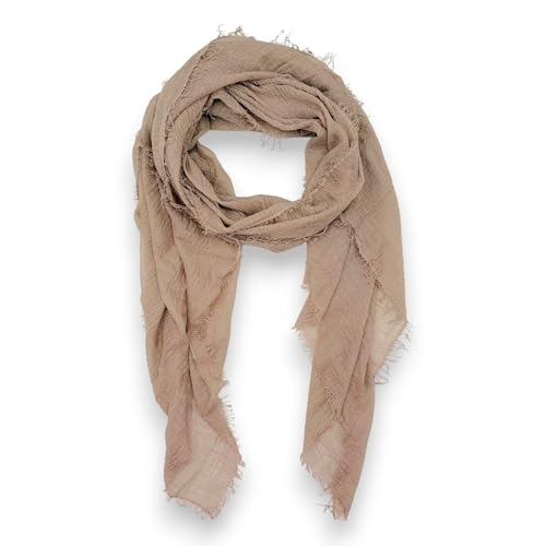 Ziona Sommerschal Damen dünn, Uni Crinkle Look aus Viskose – Weiches Tuch mit Fransen – Halstuch, Stola, Pareo oder Kopftuch – Atmungsaktiv & luftig – Ideal für Reisen, Strand & Alltag (Helltaupe) von Ziona
