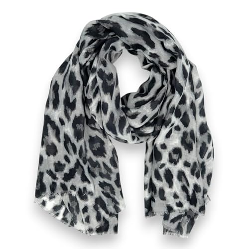 Ziona Tuch Leopardenmuster Damen XXL Rechteck Halstuch frühling Leo Print 182cm x 88cm Schal (Schwarz-Grau-Weiß) von Ziona