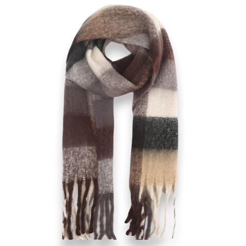 Ziona XXL Winter Schal Damen Karo – flauschig, kuschelig & weich – warmes Halstuch mit Fransen aus 100% Viskose, 210 x 40 cm, Herbst & Winter Accessoire (Braun Beige Grau Karo) von Ziona